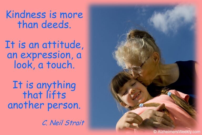 Grandma and granddaughter hugging, saying, "Kindness is anything that lifts another person."