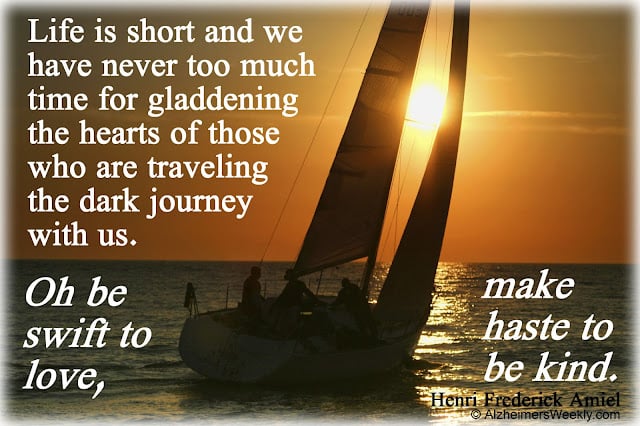 Sailboat, sunset, and the words, "Oh be swift to love, make haste to be kind."