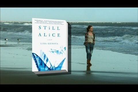 Still Alice bookcover overlayed on photo of Julianne Moore pensively walking the coastline