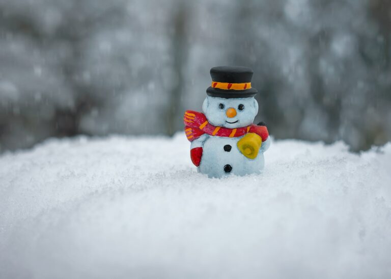 snowman in red scarf and black hat, holding a gift