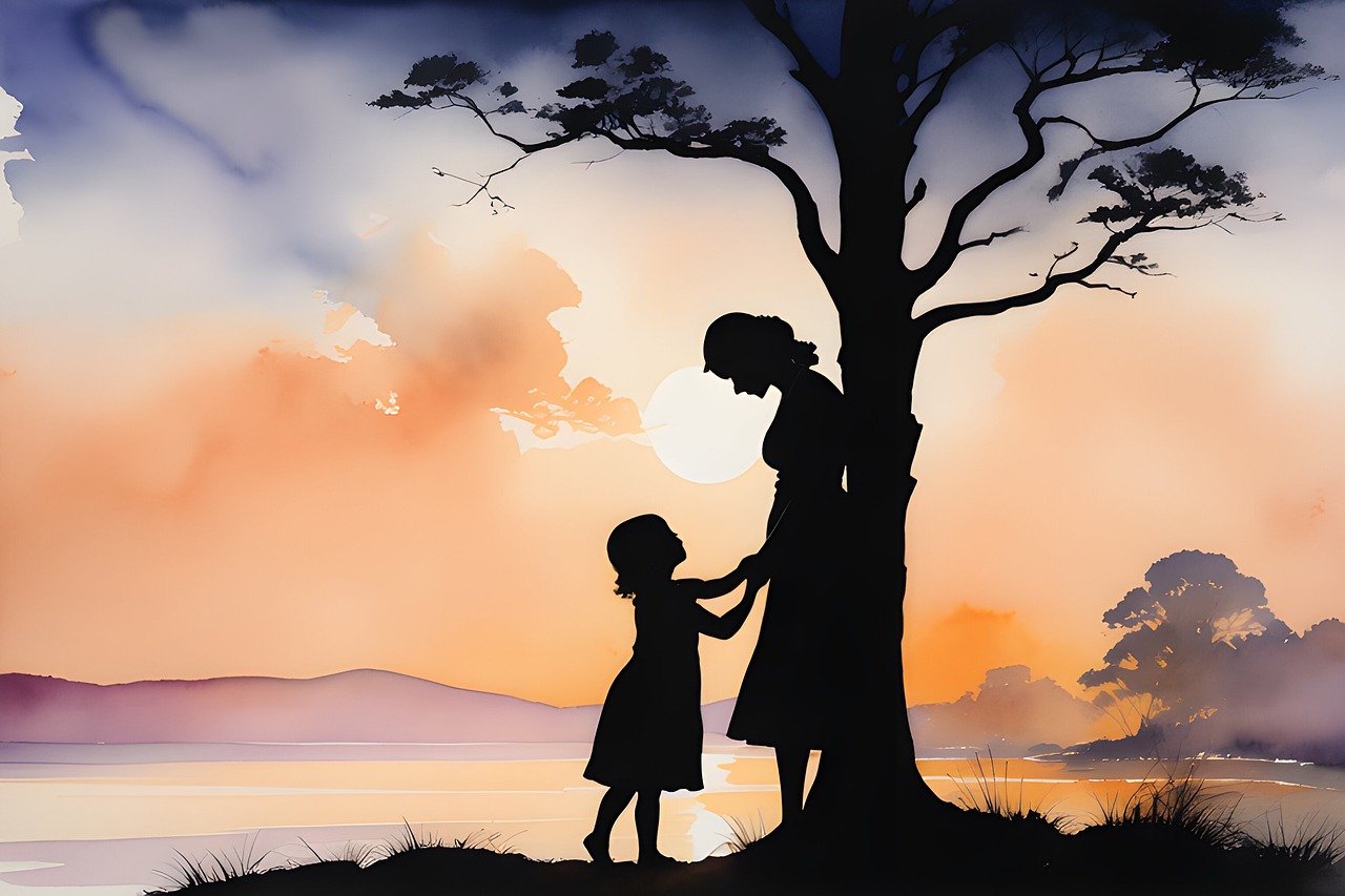 Silhouette of mother and daughter by a tree