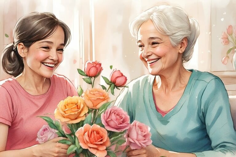 Grandmother with granddaughter enjoying Mothers Day flowers