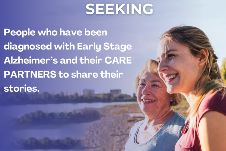 Mother and daughter on beach and the words, "Seeking people living with Early Alzheimer's"