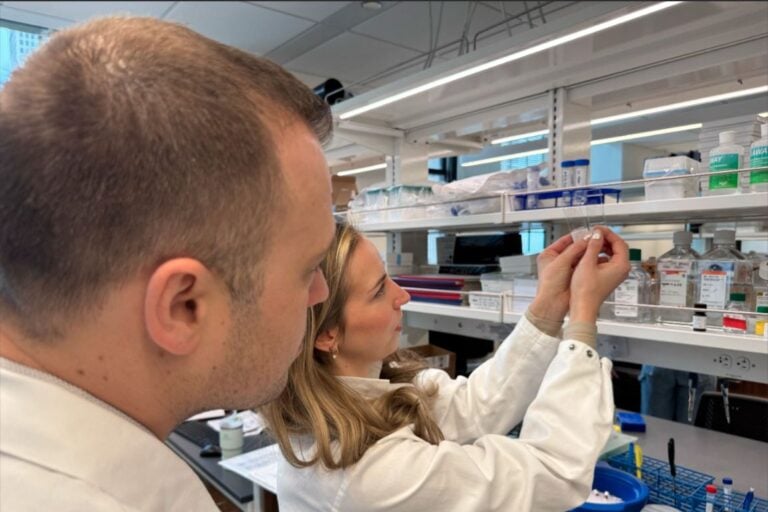 Study authors David Gate (left) and Lynn van Olst (right) compare two slides containing human brain tissue. Brown amyloid beta plaques are visible in the left slide, which contains brain tissue with Alzheimer's Disease that had not been treated. The slide on the right, which contains brain tissue that had been treated, does not show amyloid plaques.